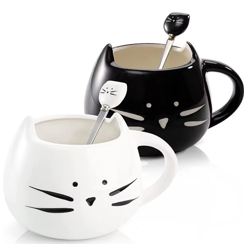 Ceramic Cute Cat Mugs with Spoon Coffee Tea Milk Animal Cups with Handle Black and White Pair Cup 400Ml Drinkware Nice Gifts