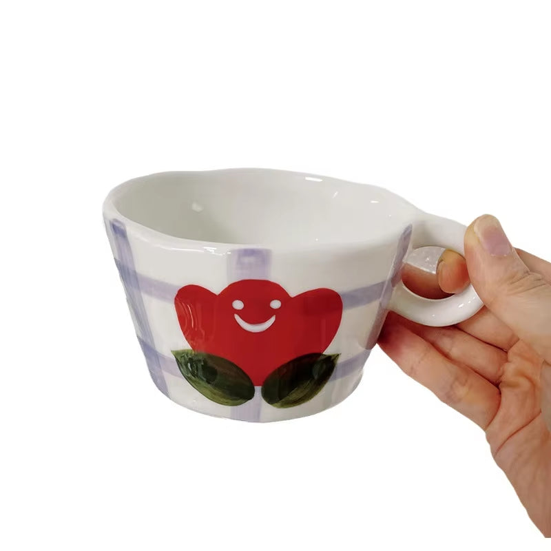 Ins Cute Hand Pinched Ceramic Mugs Hand Painted Strawberry Flower Espresso Coffee Cups Breakfast Milk Cup Gift for Kids Girls