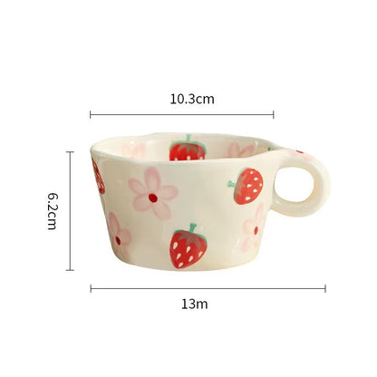 Ins Cute Hand Pinched Ceramic Mugs Hand Painted Strawberry Flower Espresso Coffee Cups Breakfast Milk Cup Gift for Kids Girls