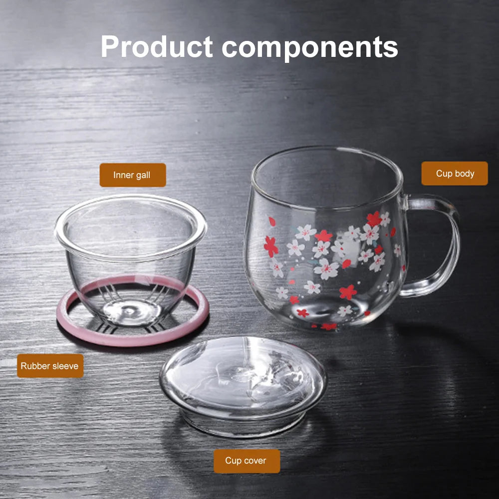 300Ml Sakura Mug Glass Mug Transparent Heat Resistant Glasses with Tea Infuser Filter Lid Cherry Cup Set Flower Teacup for Home