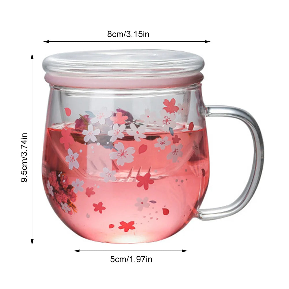 300Ml Sakura Mug Glass Mug Transparent Heat Resistant Glasses with Tea Infuser Filter Lid Cherry Cup Set Flower Teacup for Home