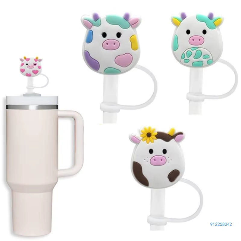 4 Pcs Reusable Silicone Straw Covers Cap Cartoon Cow Straw Toppers Dustproof Drinking Straw Tip Lids for Drop Shipping