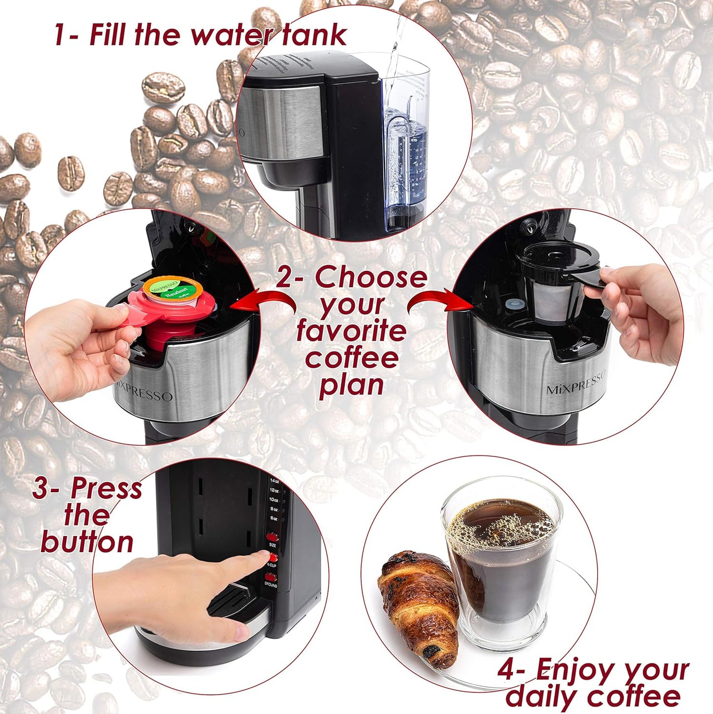 Single Serve Coffee Brewer K-Cup Pods Compatible & Ground Coffee, 30 Oz Compact Coffee Maker Single Serve with 5 Brew Sizes up to 14 Oz, Fits Travel Mug, Adjustable Drip Tray, Black